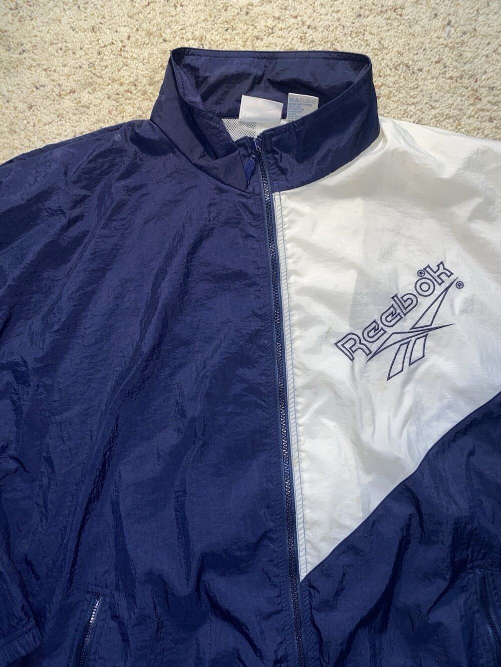 Vintage Reebok Mens XL Blue White Full Zip Windbreaker Waterproof 80s 90s Jacket